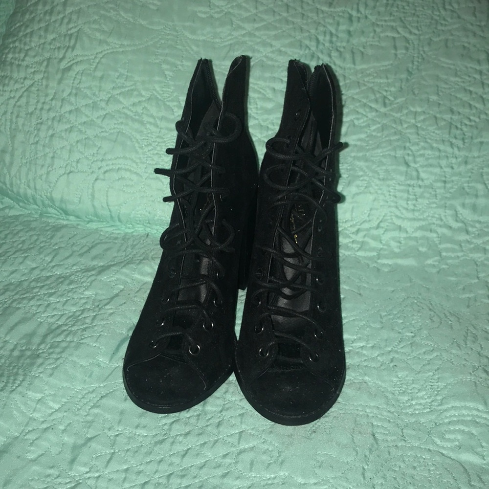 Black lace up booties, open toe
